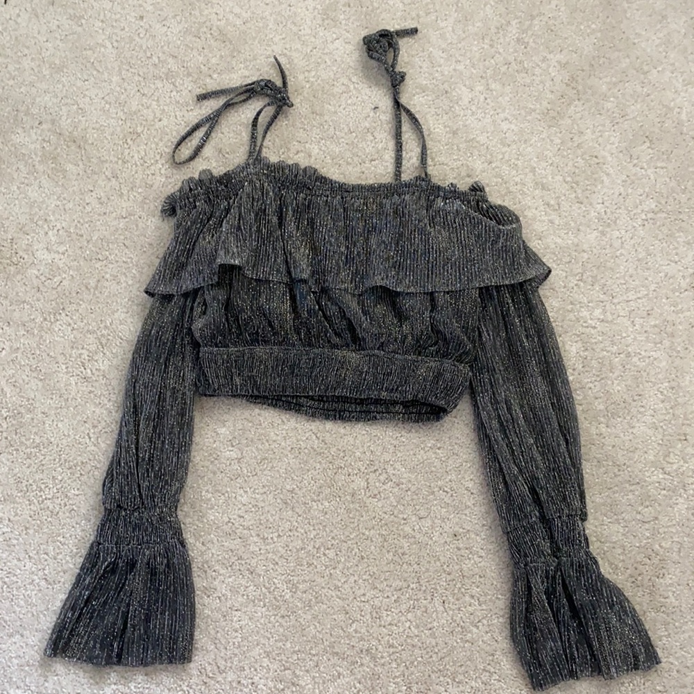 Sparkly silver off the shoulder crop top